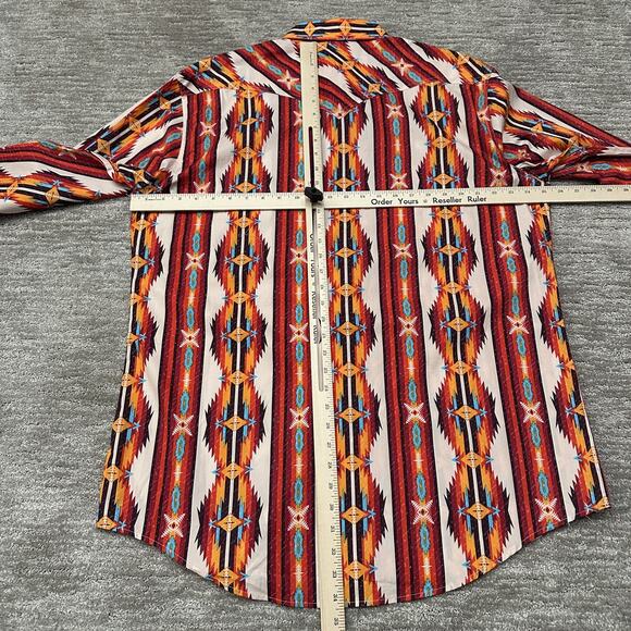 Rock & Roll Denim Shirt Mens XL Orange Blue Western Pearl Snap Aztec Retro - Picture 10 of 12